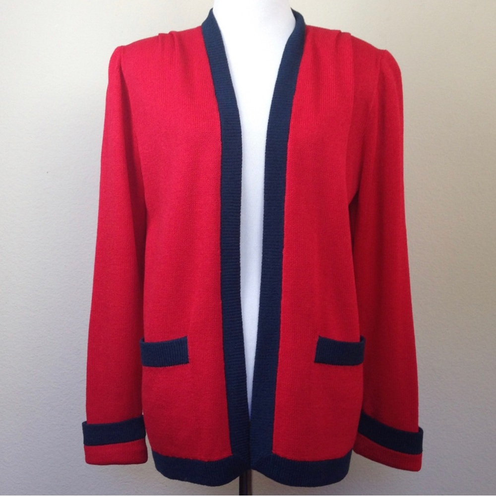 St. John Open Front Cardigan Crimson & Navy